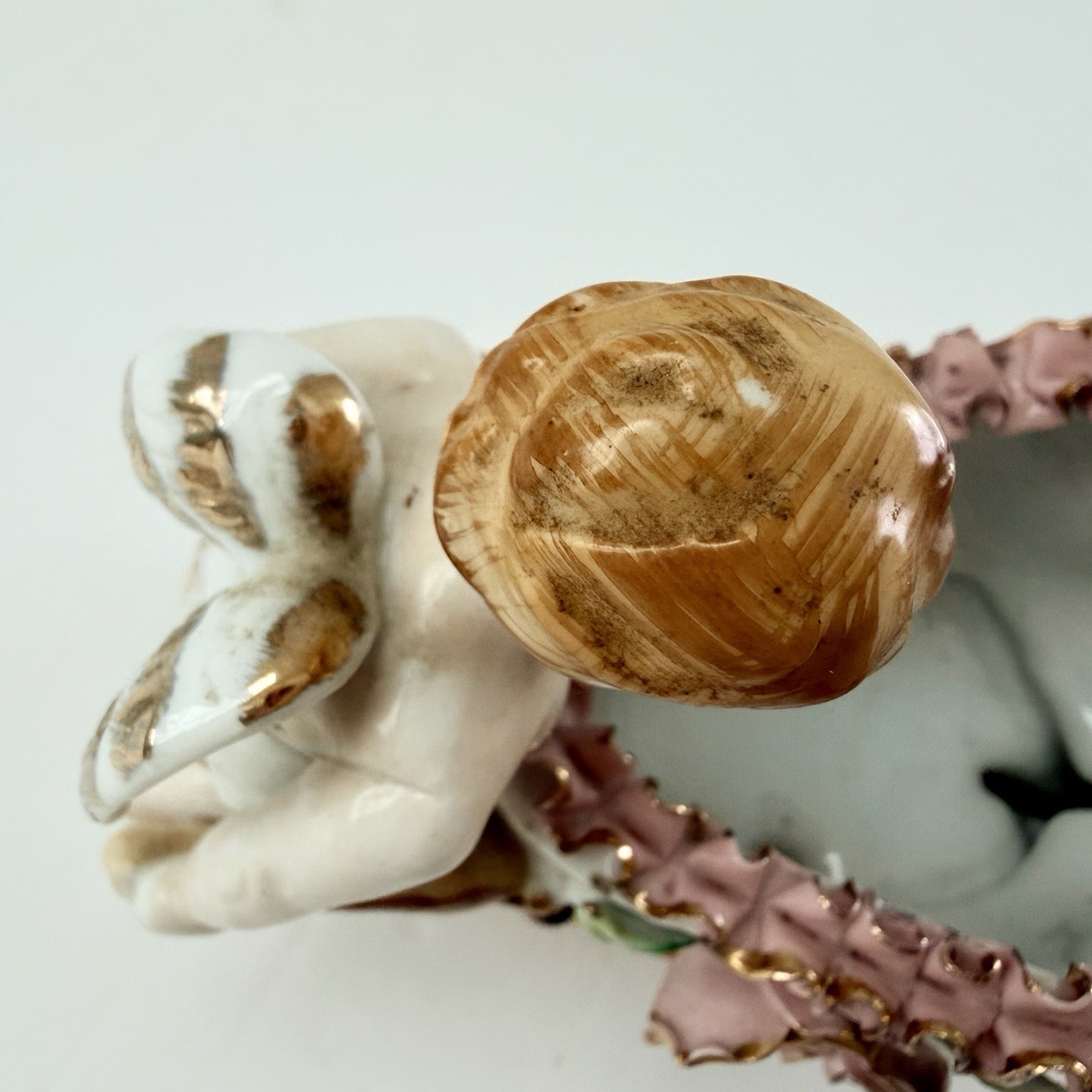 Vintage Porcelain Cherub Putti Pushing Wheelbarrow Bone China Lace Japan 6”
