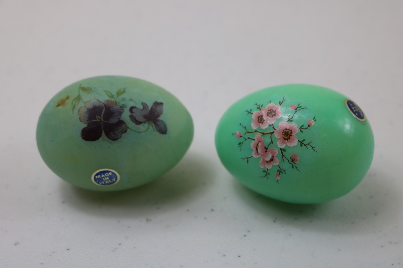 Two Vintage Hand Carved Genuine Stone Alabaster Marble Eggs Hand Painted