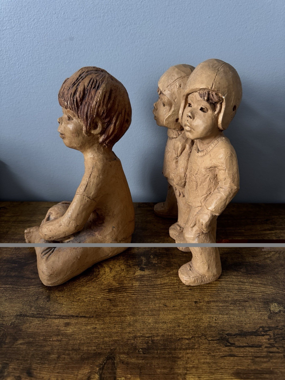 Lee Bortin Signed Clay Children Figurines Football Kids Folk Art Lot Of 2