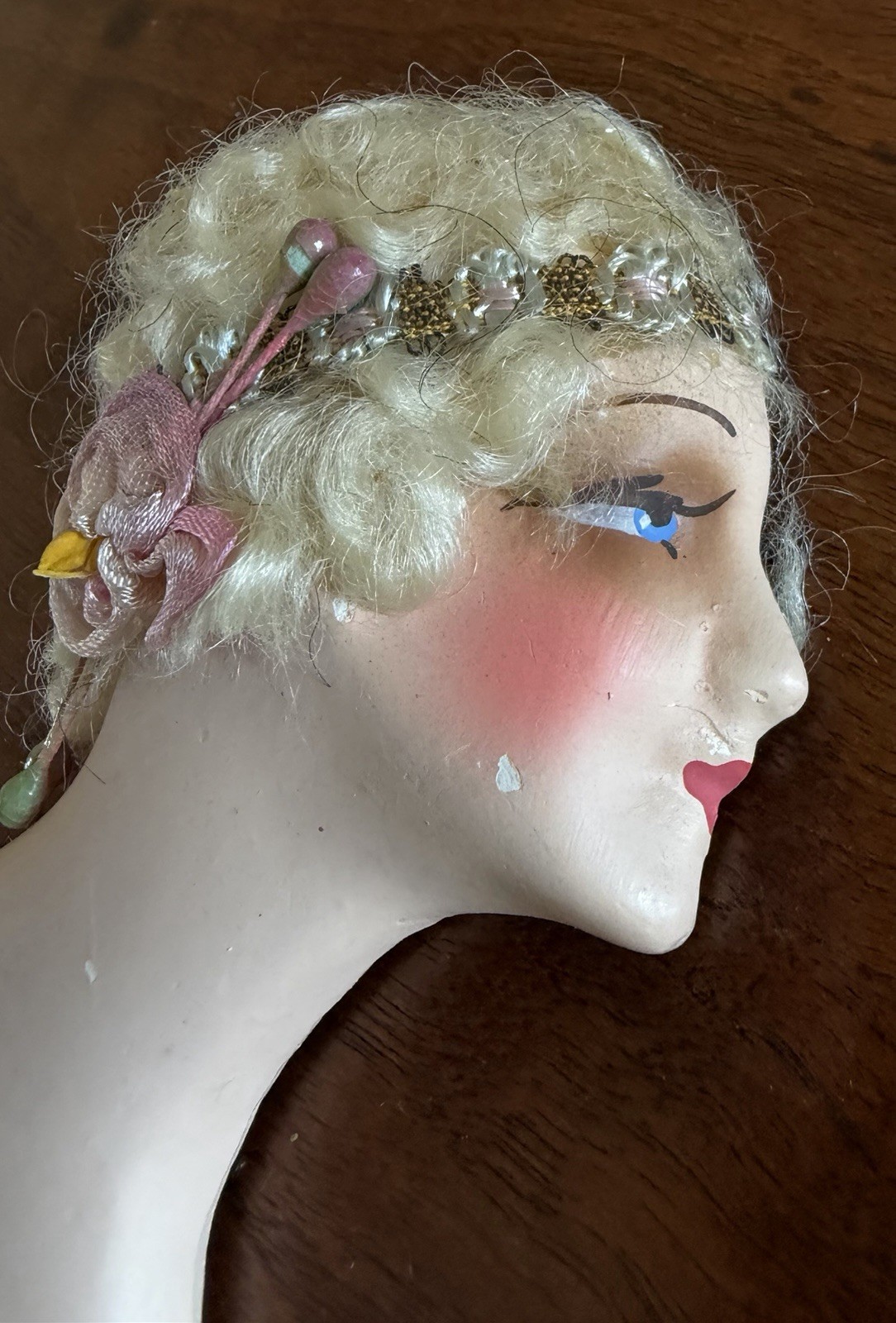 Vintage Bust Chalkware KG FLAPPER GIRL DOLL Head Hand Painted Wig Flat Back