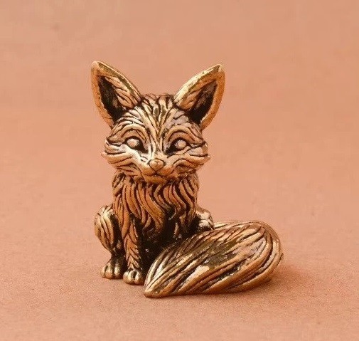 Brass Copper Tiny Fox Animal Figurine Mini Statue Table Desk Home Decoration Toy