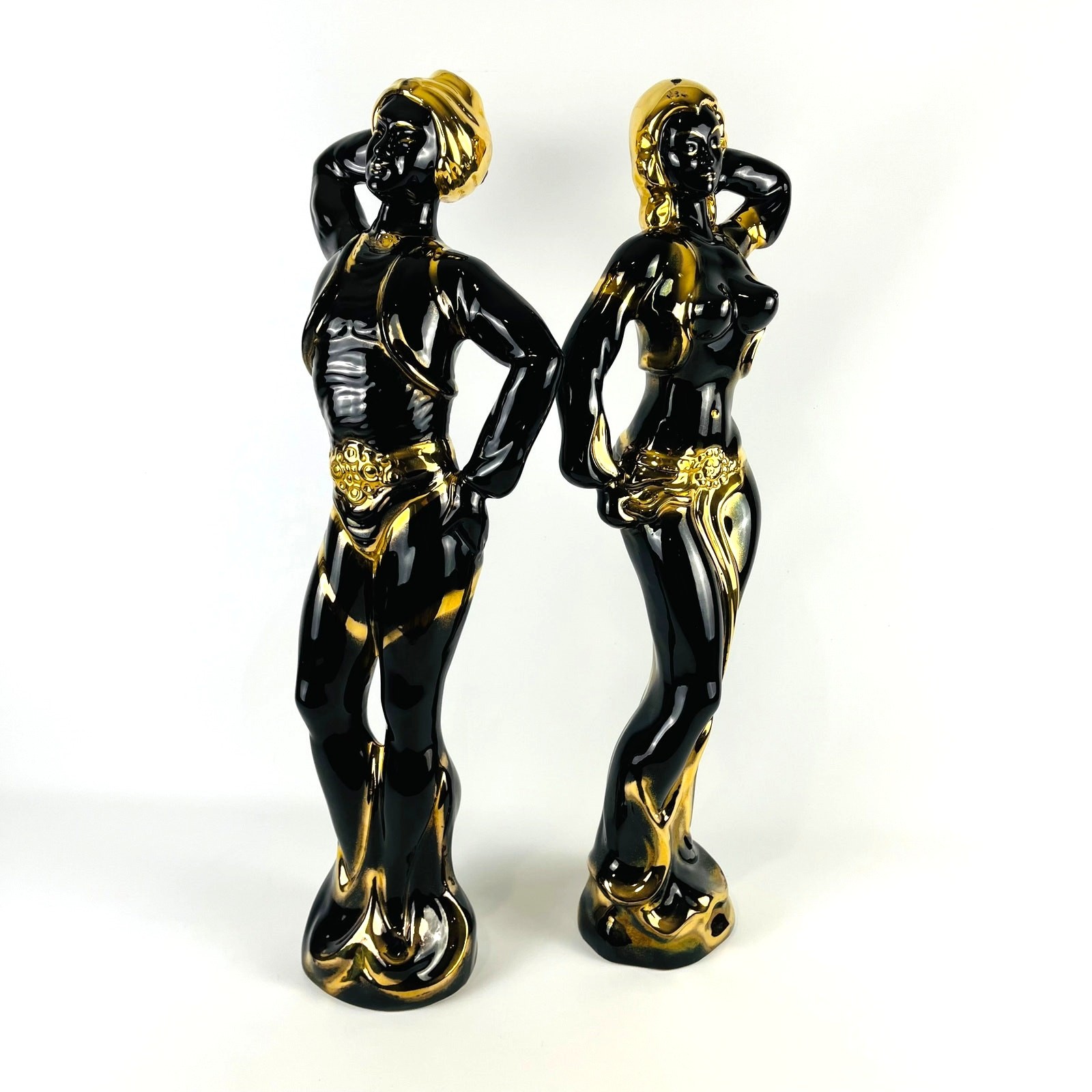 VTG 27″ Black Gold Ceramic Exotic Dancer Pair Hollywood Regency Tiki Blackamoor