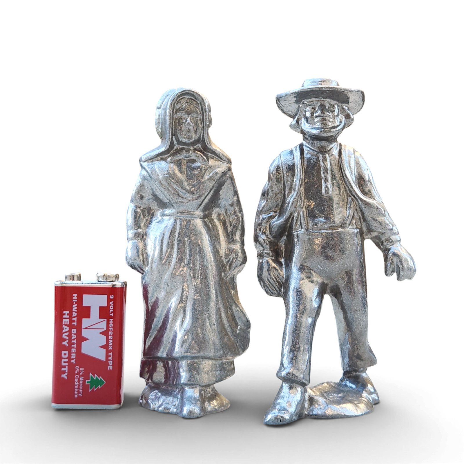 Pioneer People Couple Figurines Statues Silver Tone Cast Metal Farmer Amish 5″
