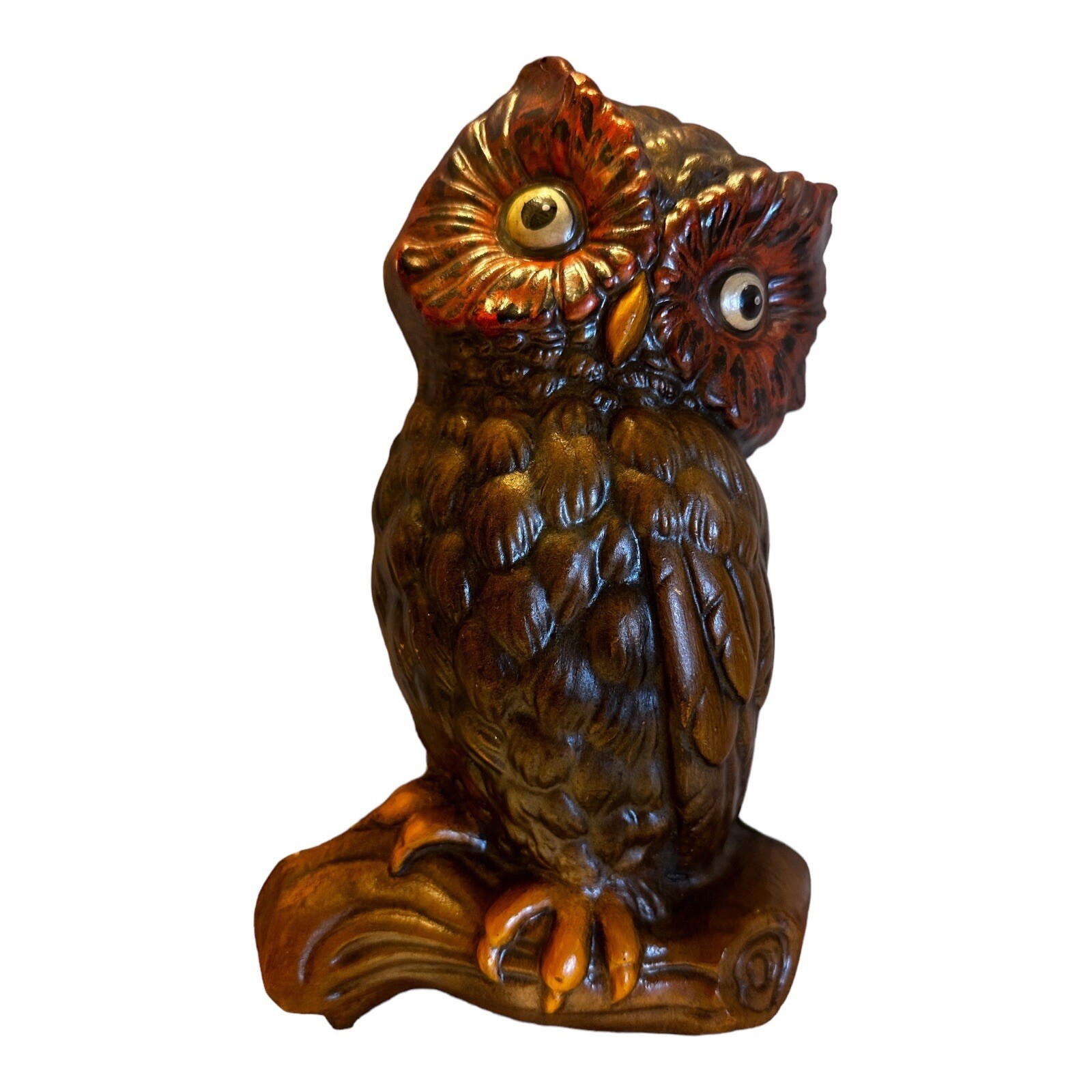 Vintage Chalkware Plaster Brown Owl Perched On Log Wallhanging Handpainted