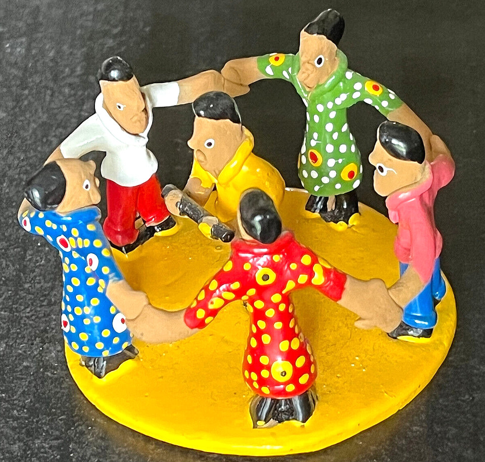 2 vintage 1986 clay figurines Brazil man woman dancing art hand painted sign set