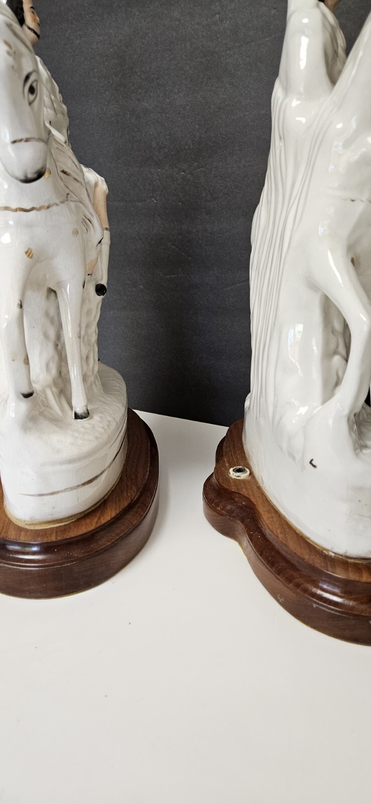 Staffordshire Scottish Highlander Mounted Hunters Base Lamp Pair 16″ Antique