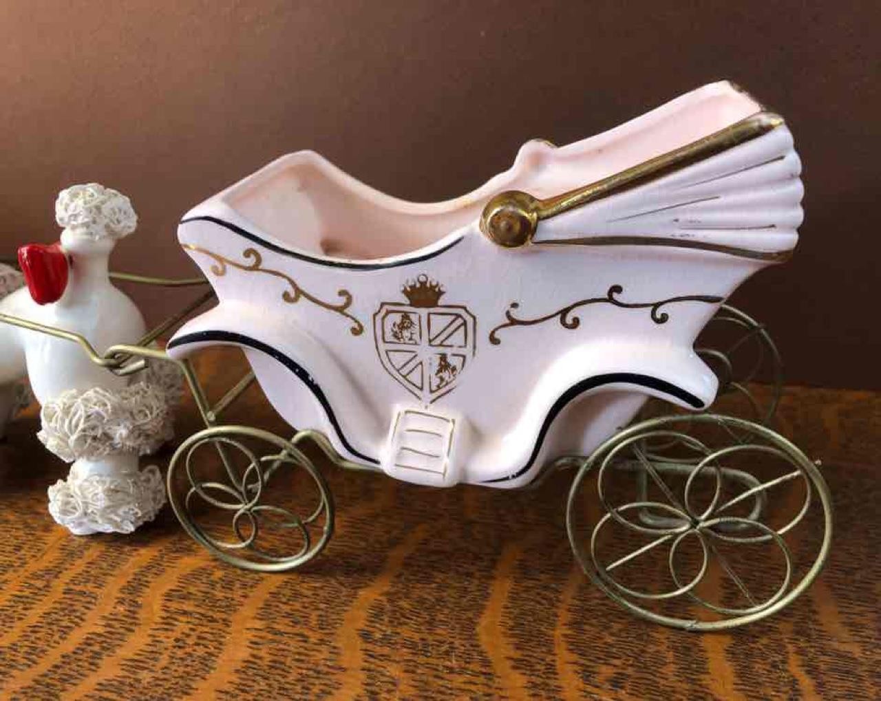 Vintage Napco Pink Gold Buggy Carriage Spaghetti Trim Poodle Dog Sleigh Planter