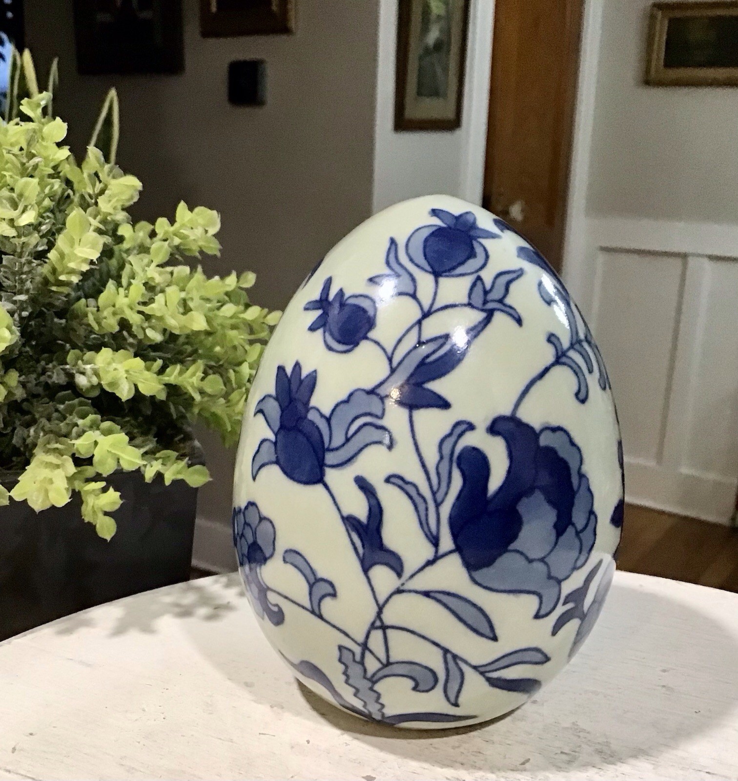 Vintage Floral Blue and White Ceramic Egg 4.5” Easter Art Decorative