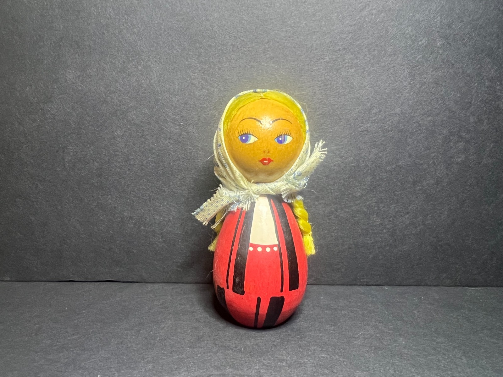Vintage Hand Painted Red Wooden Easter Egg Babushka Woman Doll w/ Scarf 3.25″