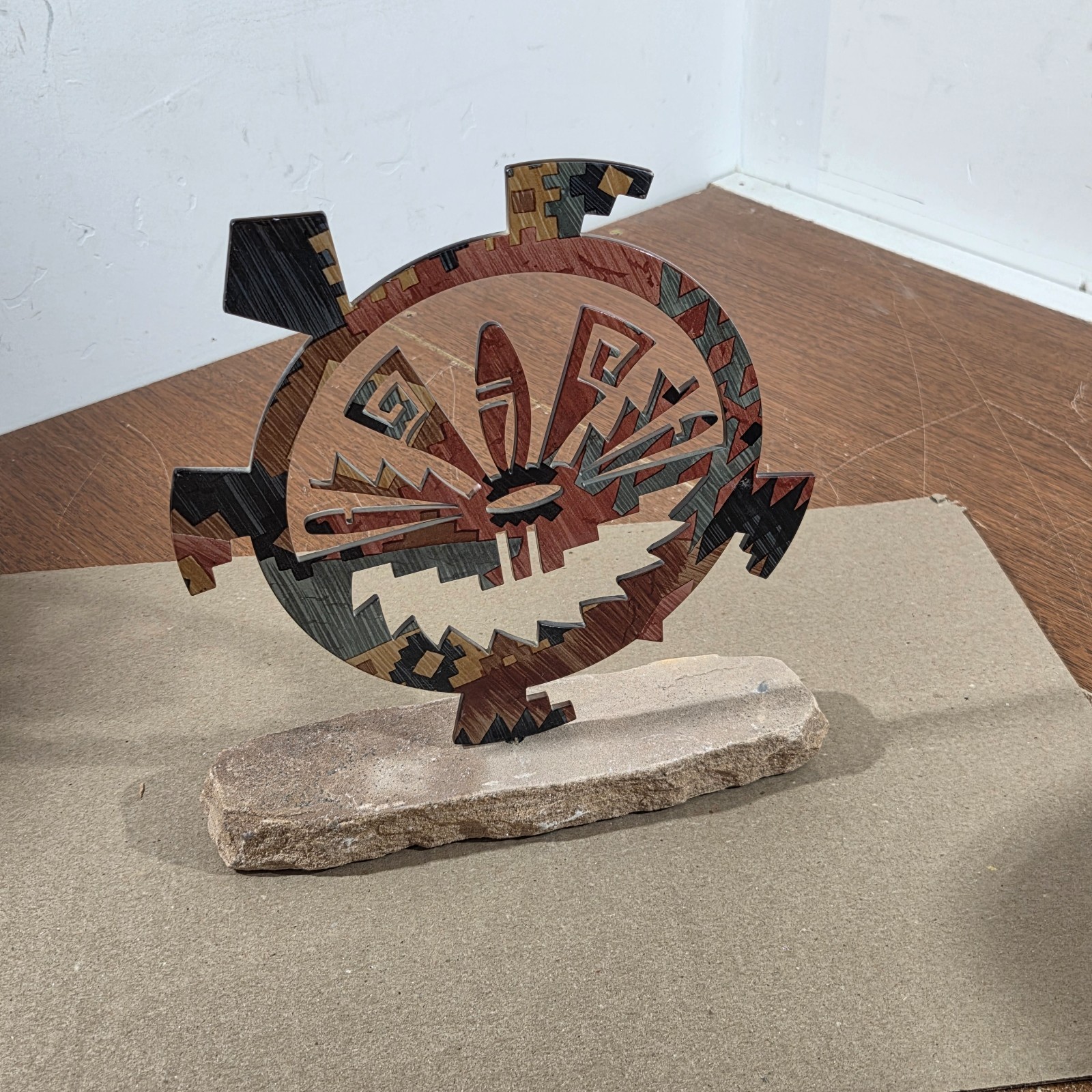 Petroglyph Turtle On Sandstone Base Southwestern Home Cabin Decor Metal & Stone