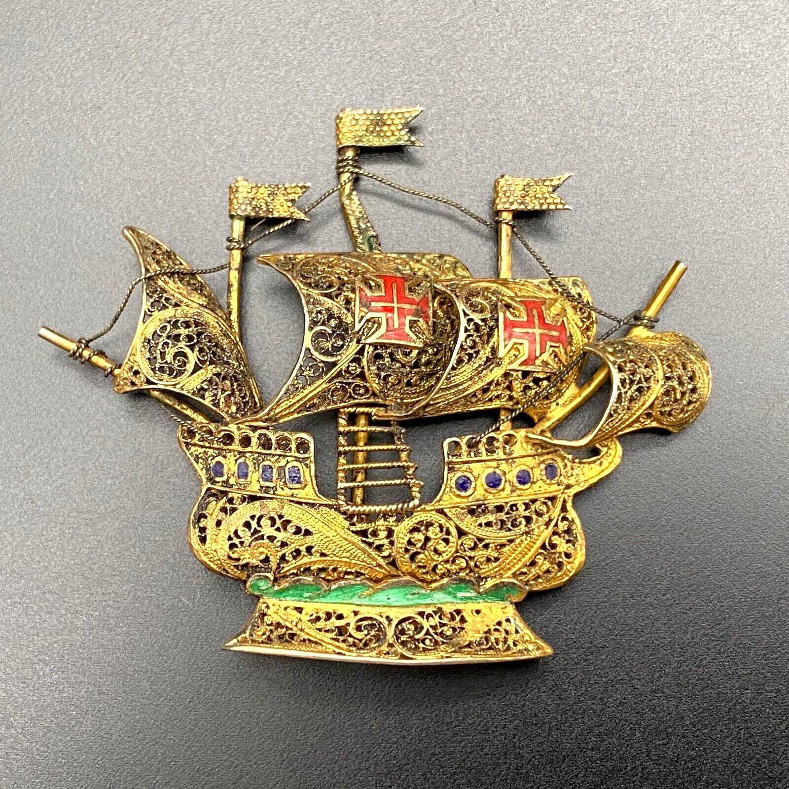 Vintage Portuguese Gilt Sterling Silver Filigree Caravel Ship Figure