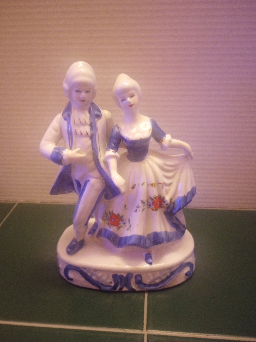 Vintage Blue and White Colonial Couple Figurine with Floral Dress
