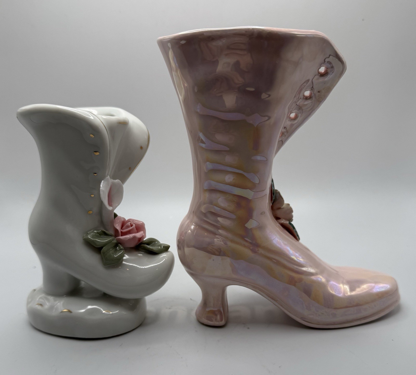 Vintage Porcelain Victorian Style Shoe Figurines W Attached Flowers Set Of 2