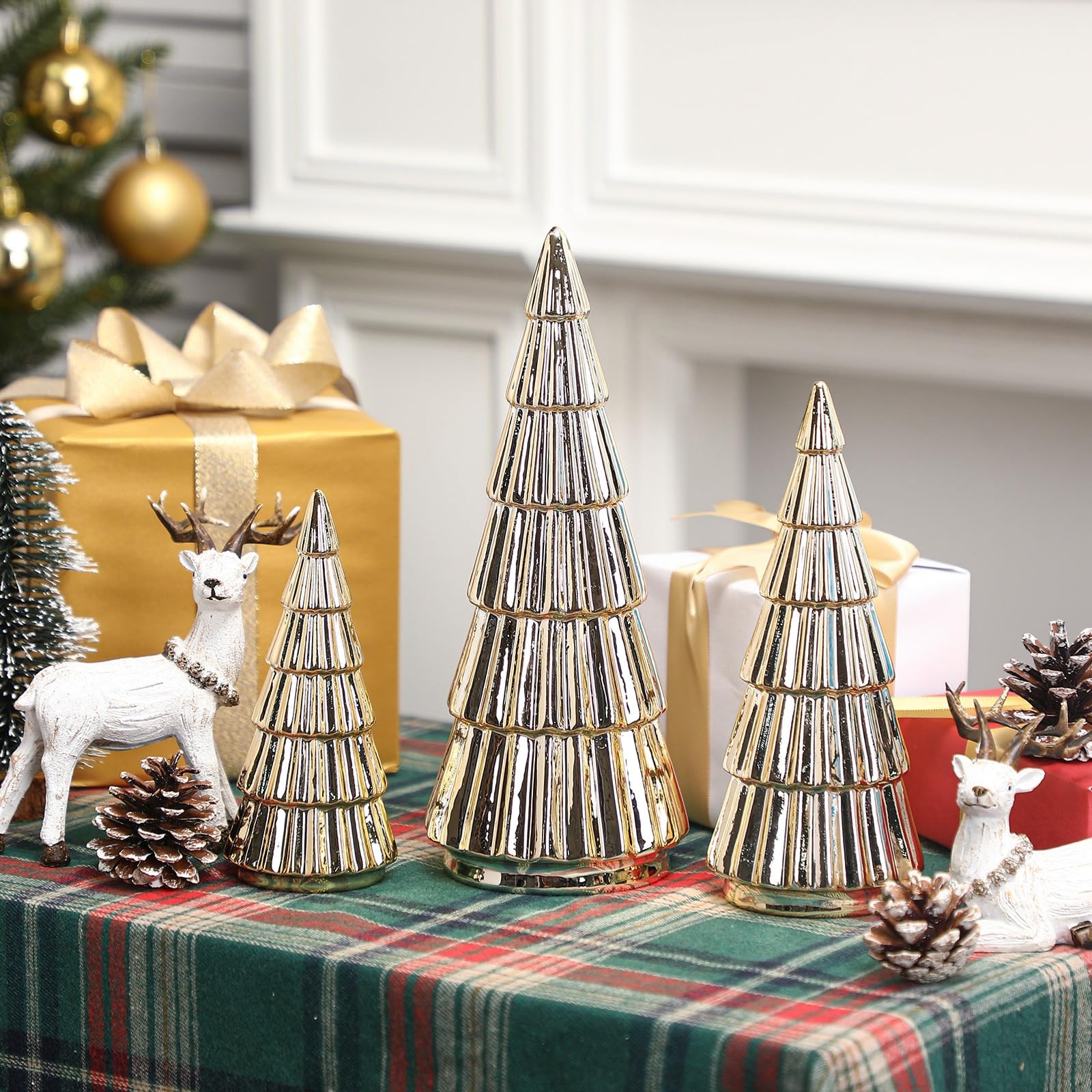 3 Pieces Gold Ceramic Christmas Tree Figurines Tabletop Small Decorative Xmas…
