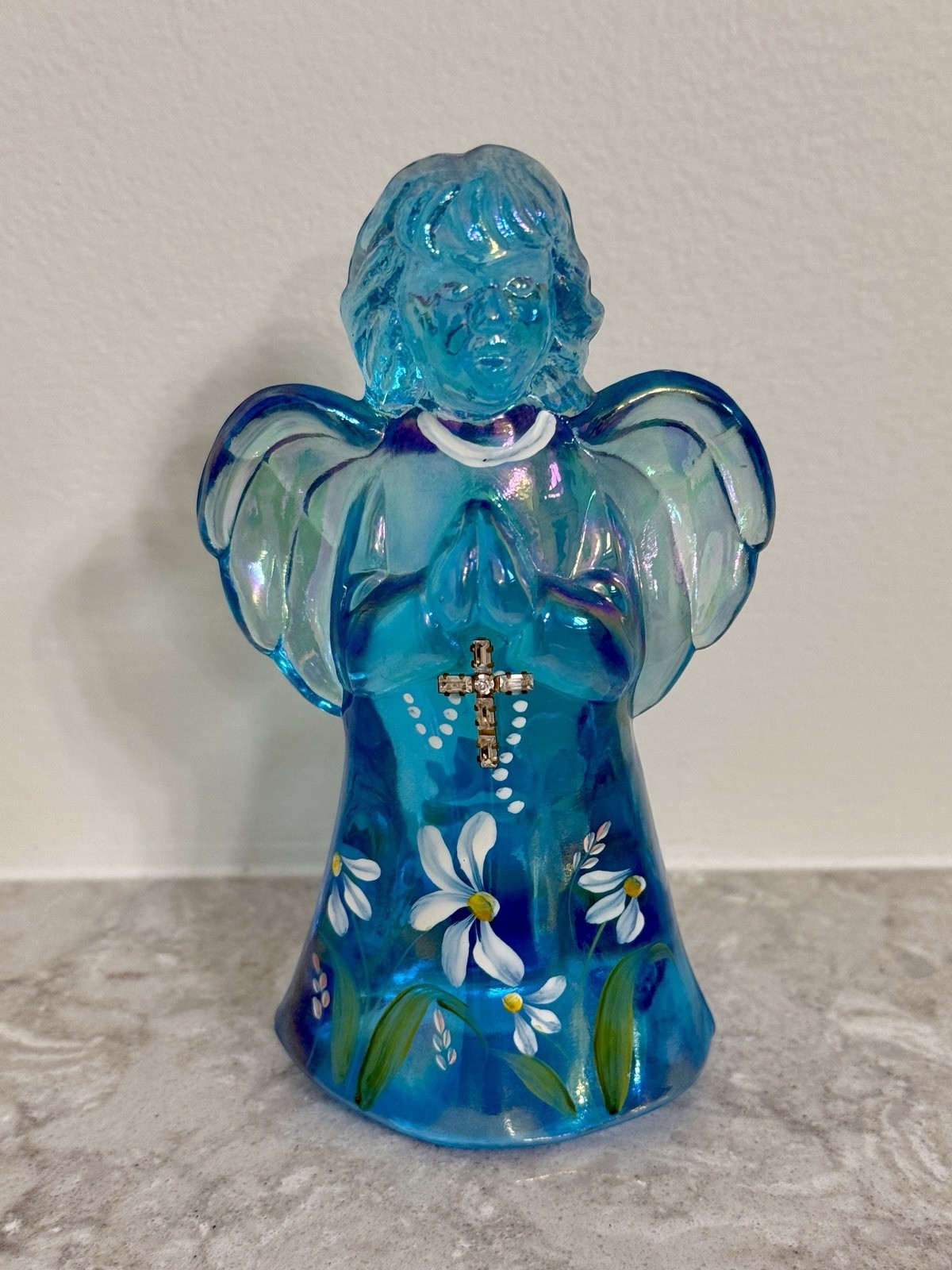 FENTON Angel Praying Rhinestone Cross Blue Hand Painted Signed