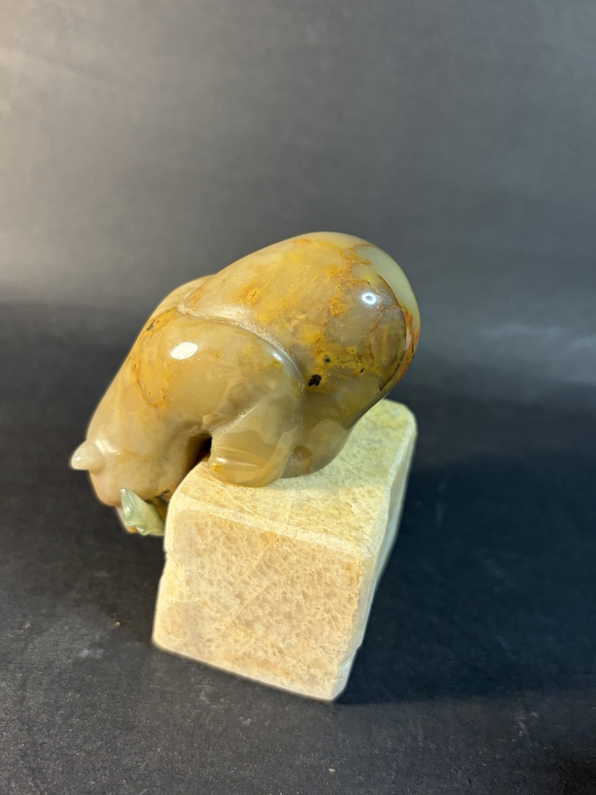 Small Carved Alabaster? Stone Bear With Fish On Stone Platform ( Crack) 3.25”