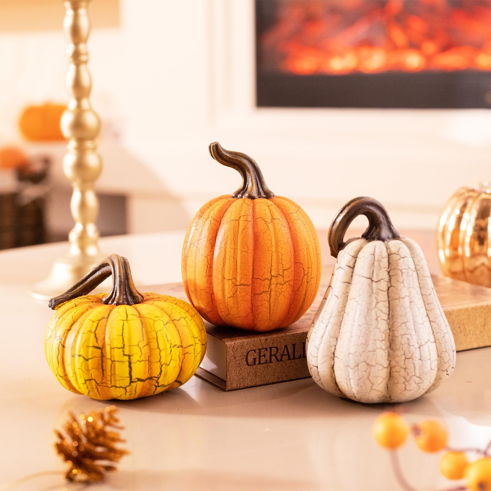 3 PCS Fall Decorations For Home Resin Cracked Pumpkin Decor Autumn 5 Inch