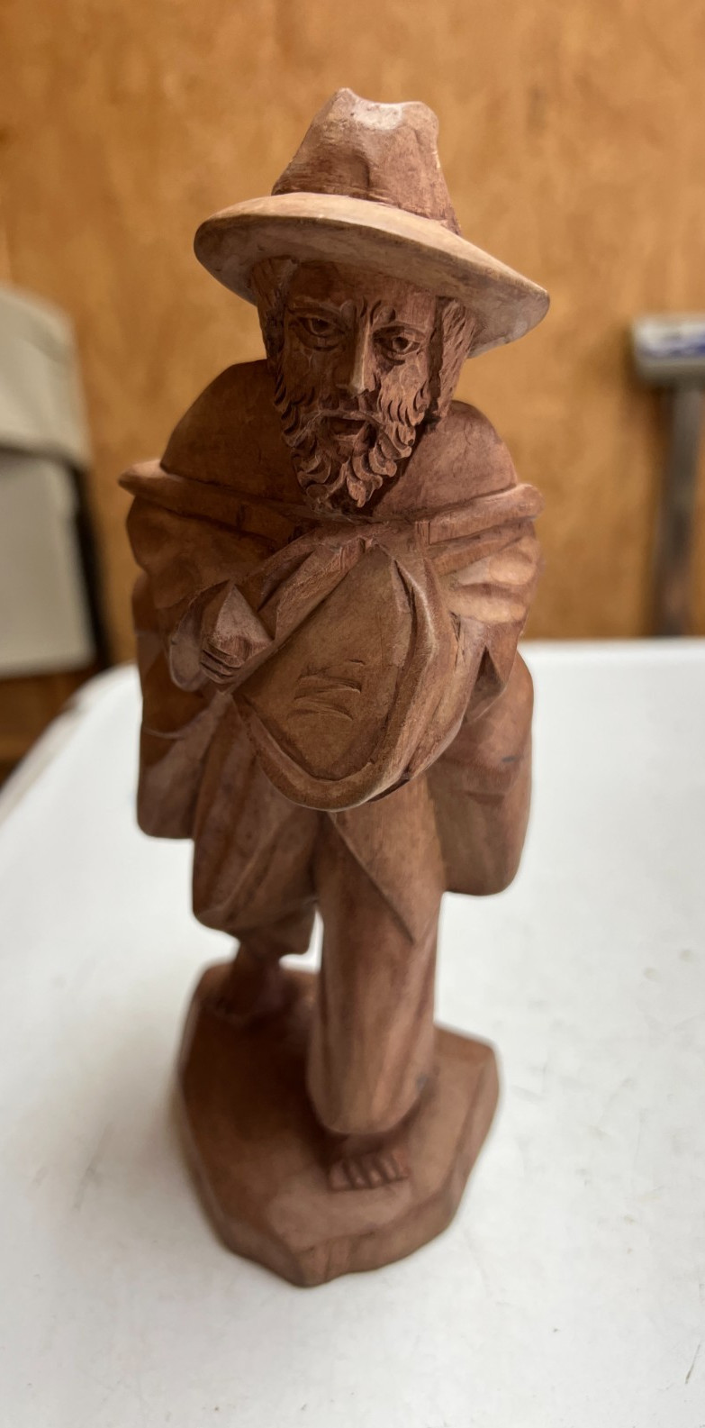 Vintge Folk Art Traveler Barefoot Man Hand Carved Wood Statue Sculpture Figure M
