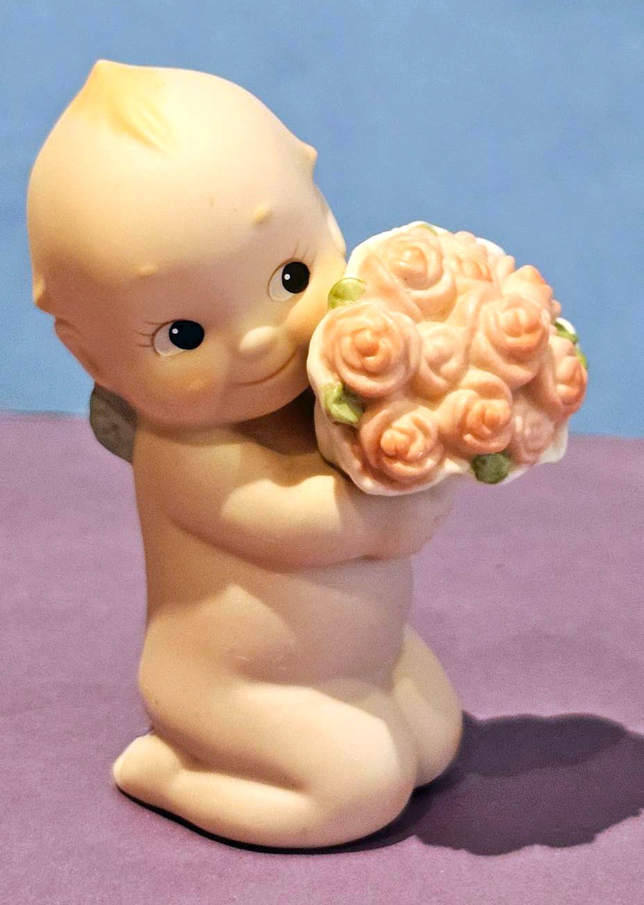 Jesco KEWPIE Doll Angel Holding Roses Bisque Figurine 1993 Porcelain 3.25 In EUC