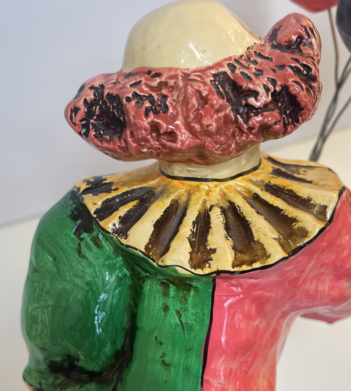 Vintage Ceramic Circus Clown Figurine Paper Balloons 11″ Colorful Retro Statue
