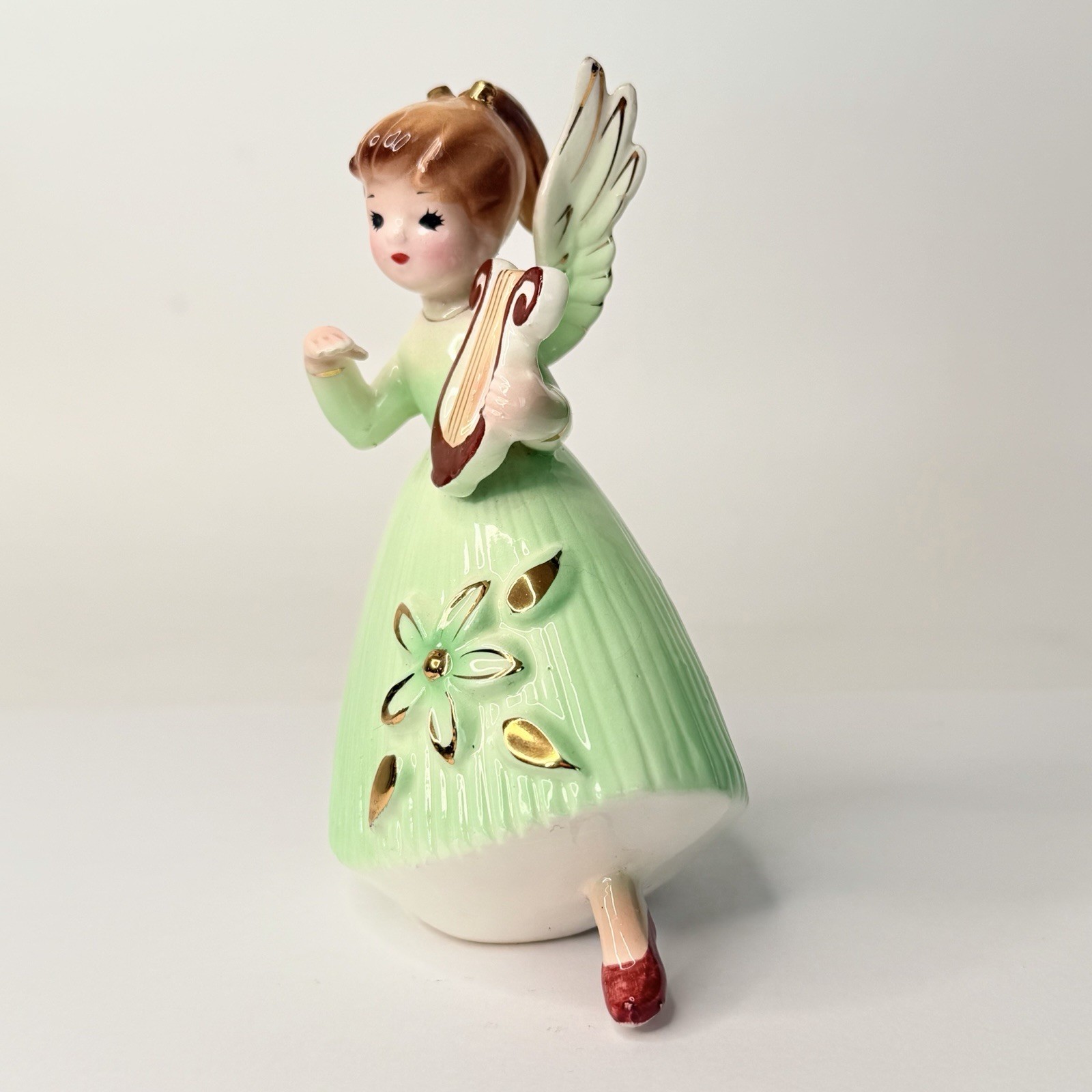Vtg RARE Tall Angel Figurine harp MMG Japan Green Dress Early Josef Mold HTF