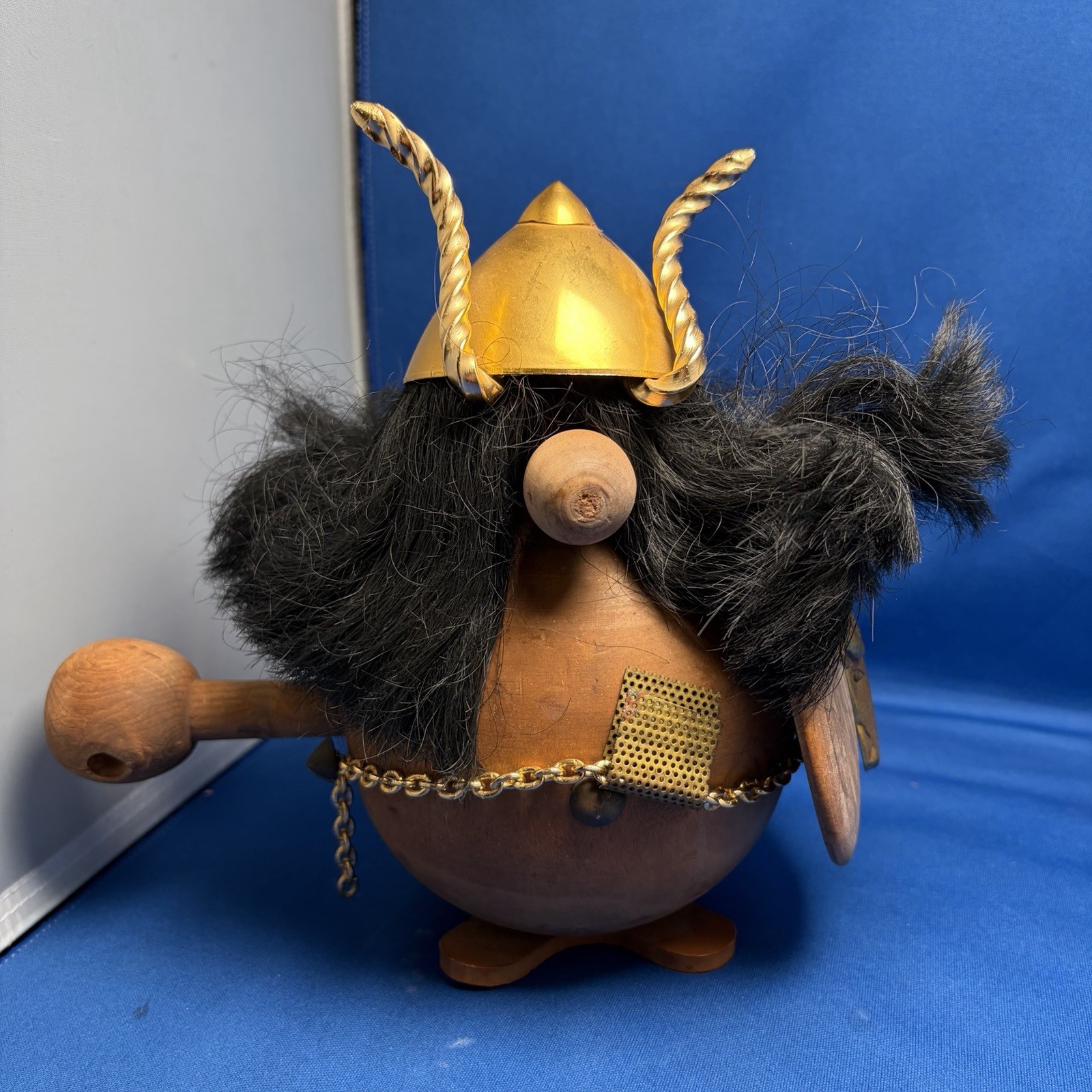 Wood Viking Warrior Figurine 3D Effect Metallic Horned Helmet Beard Chain 7 in