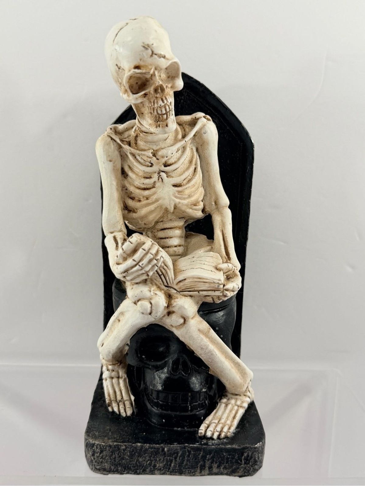 Gothic Skeleton on Skull Toilet Reading Book Figurine RIP Tombstone Decor 7″