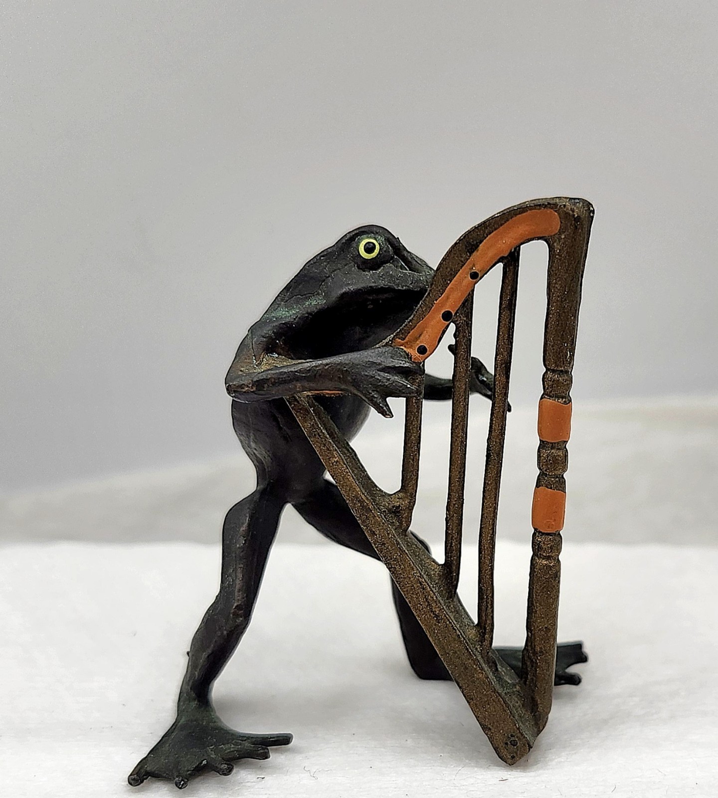 Antique Miniature Cold Painted Bronze Minstrel Frog Playing Harp