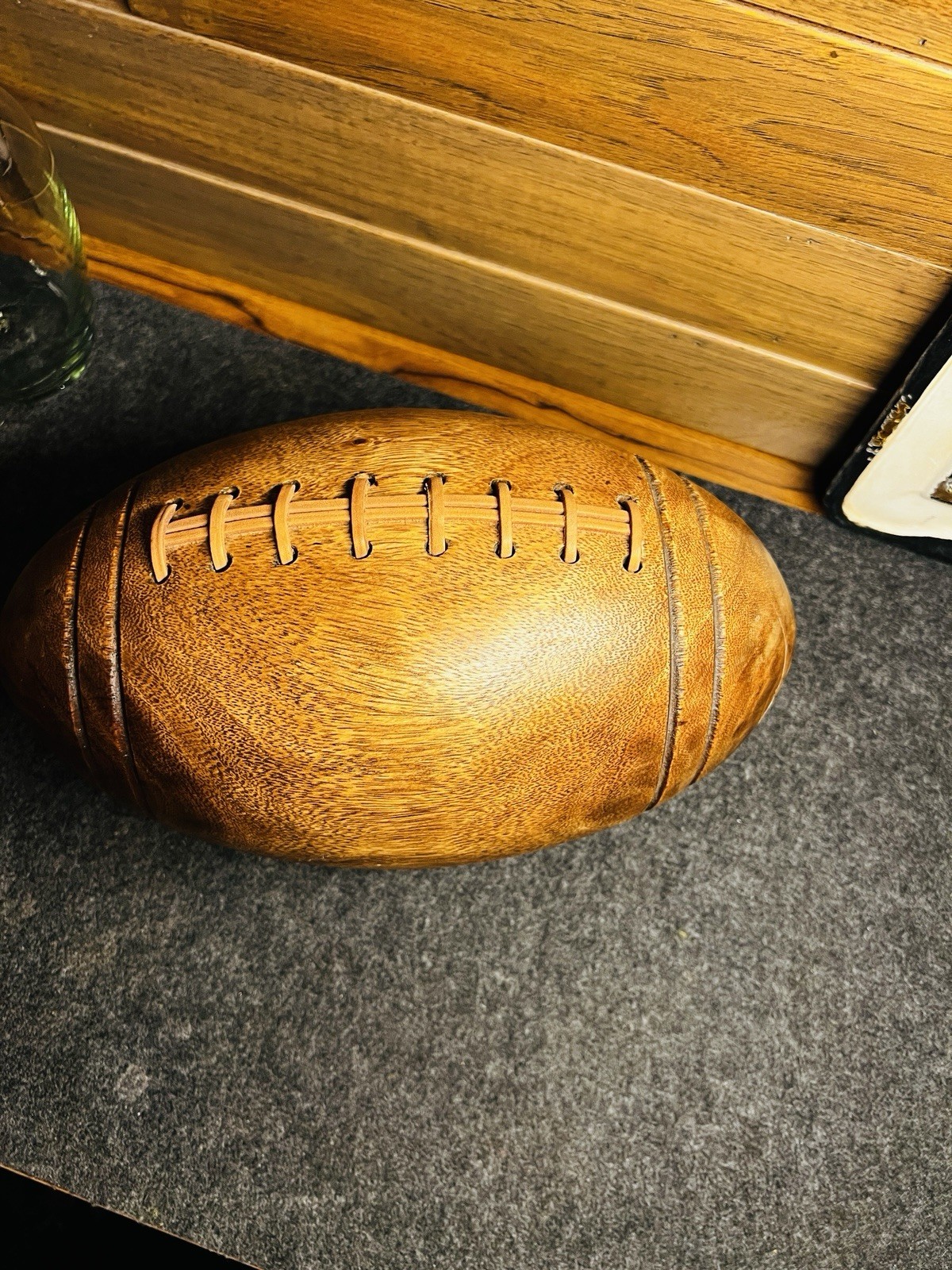 Hand Carved Solid Olive wood & Leather Pro Size American Football Sculpture