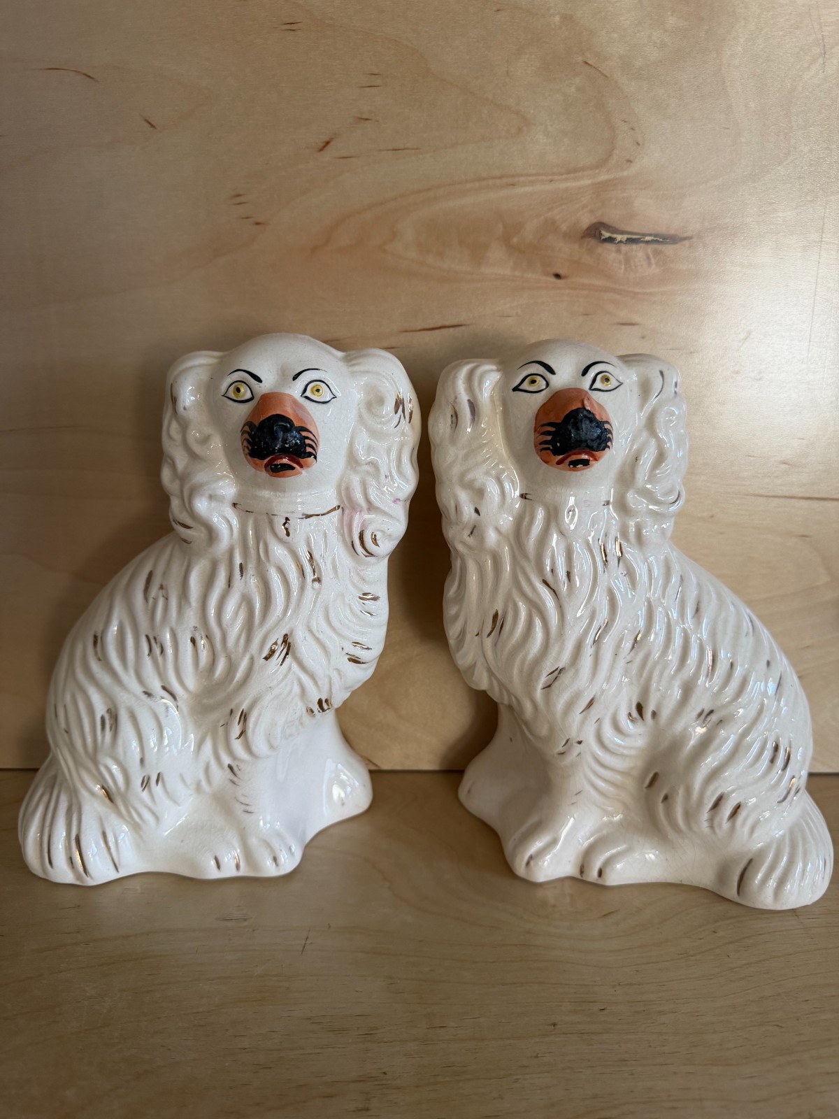 Antique Staffordshire Spaniel Dog Ceramic Figurine, White and Gold, Set of 2