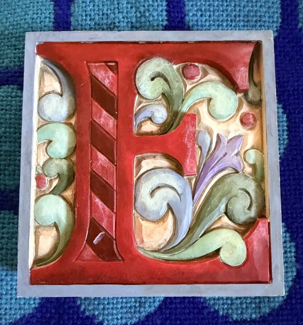 Jim Shore Heartwood Creek Monogram “E” Letter Block Plaque Whimsical Cottage