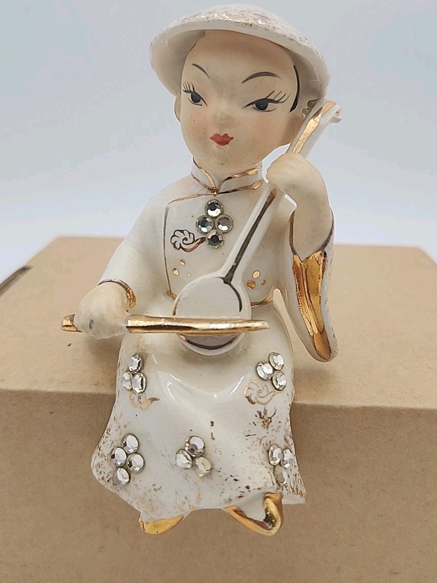 Vtg Lefton Chinese Japanese Asian Figurine Shelf Sitter Instrument Rhinestones