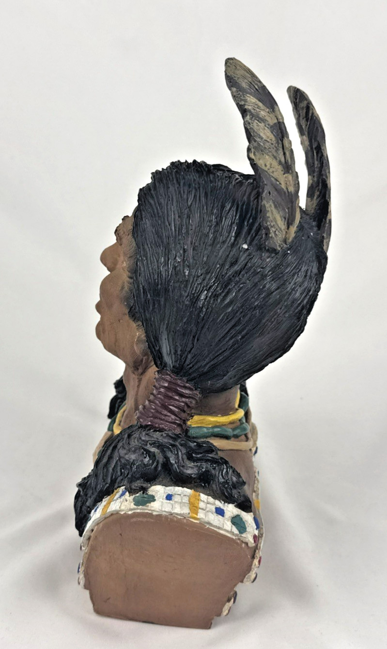 Native American Chief Bust Statue Brown Blue Eyes Two Feathers 11″ FREE SHIP