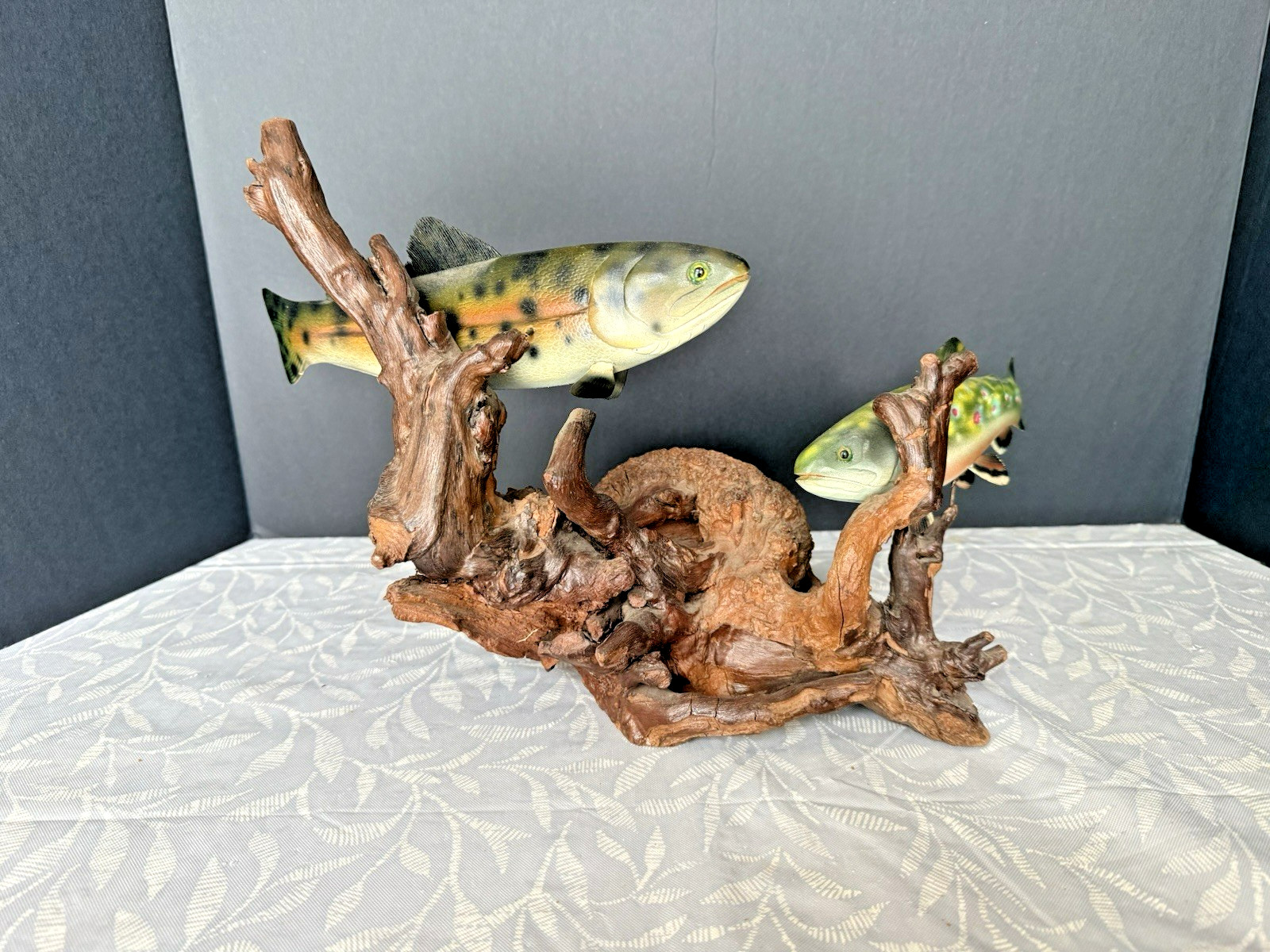 Hand Painted Resin Fish Figurine on Driftwood, Brown Green Beige, Animal Theme