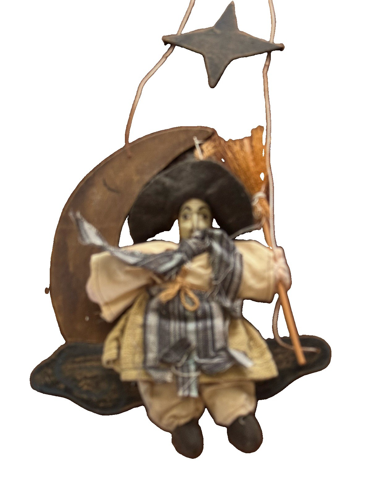 German Handmade Kitchen Witch Doll – Witch Hanging On Moon Good Luck Witch 17 In
