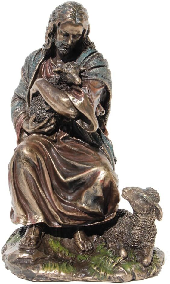 Unicorn Studio Jesus Holding A Baby Lamb Cold Cast Bronze Figurine 8.88 Inch