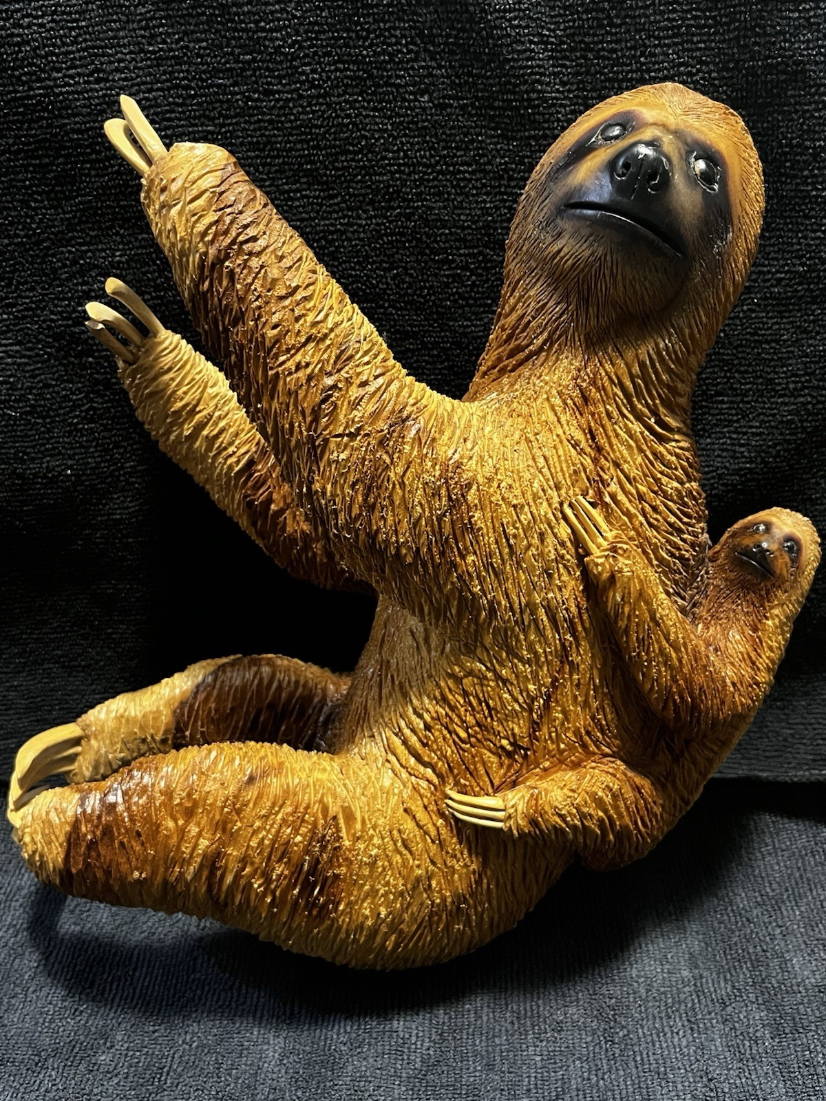 11” Inch Resin Or Polymer Clay Three-Toed Sloth w/Real Wooden Claws And Baby.