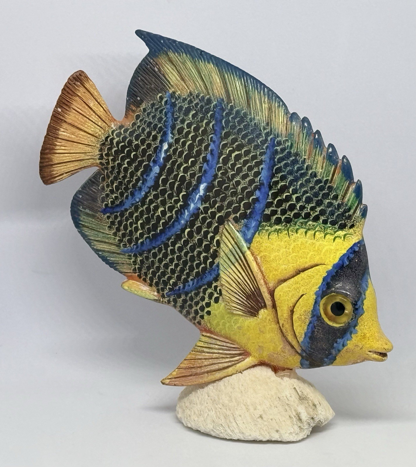 VTG Hand Carved Wooden Queen Angelfish Figurine on Real Coral Base