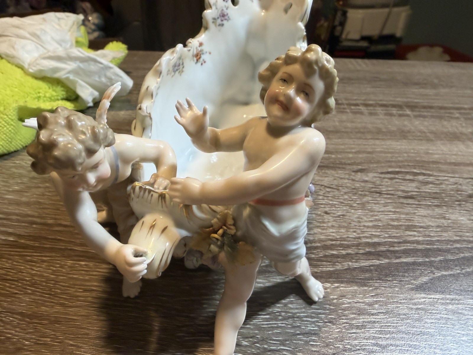 Antique Volkstedt Porcelain Cherub on Chariot Triebner Ens Eckert Rococo 1880s