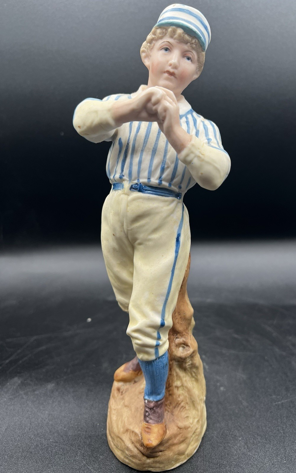 Gebruder Heubach-German Bisque-Baseball/Cricket Pitcher-Blue Striped Shirt 10″