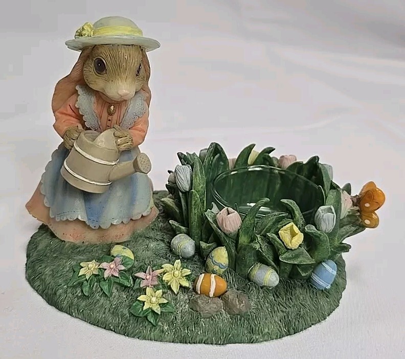 RARE Cute Bunny W/Pink Dress, Blue Apron & Hat In Easter Garden ~Candle Holder!
