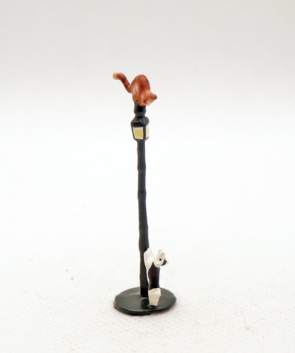 J Carlton by Gault French Miniature Figurine Dog Chasing Cat w Paris Street Lamp