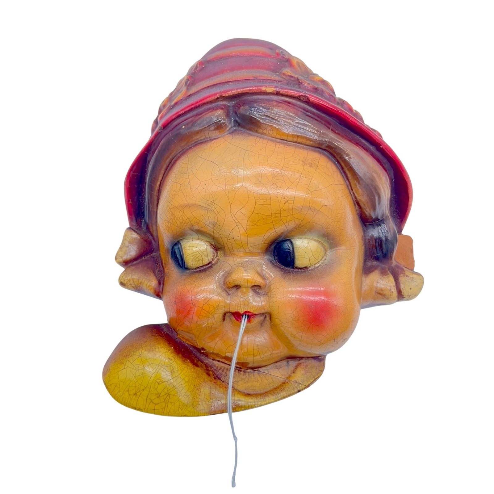1940s Creepy Wide Eye Girl Wall String Holder Red Bonnet Kitsch