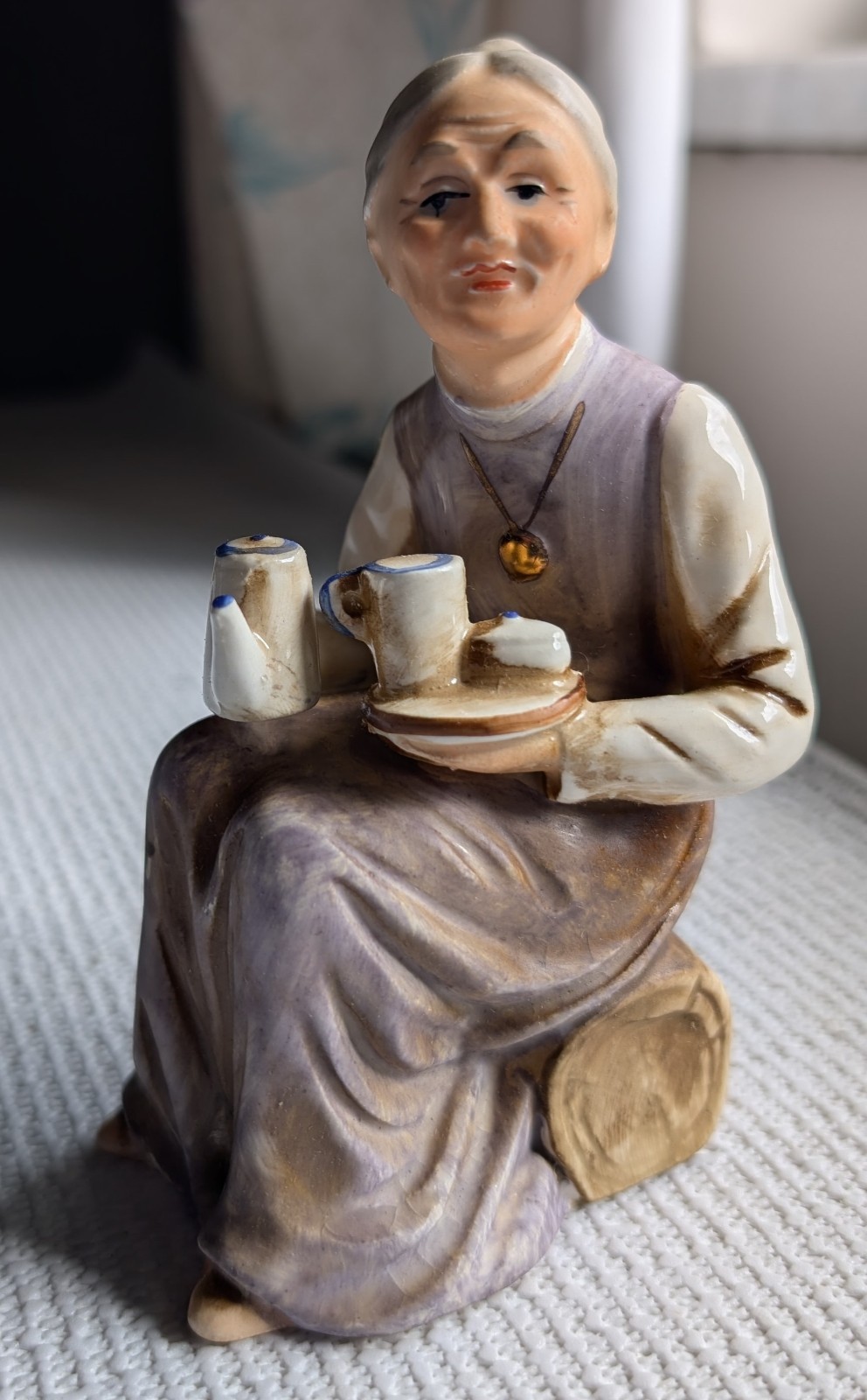Vintage Ardco Porcelain Hand Painted Figurine Old Woman Serving Tea 6 Inches
