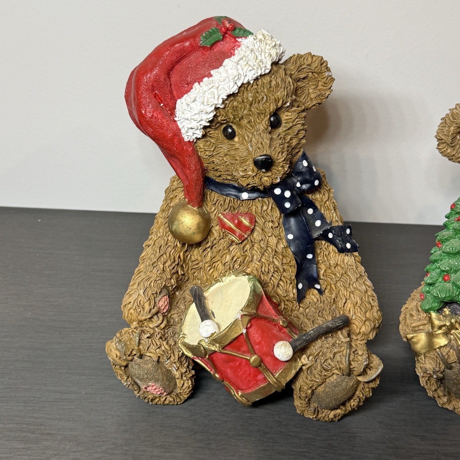 Set of 4 Resin Christmas Teddy Bears Santa Hats Figurine Gift Bell Tree Drum 6”