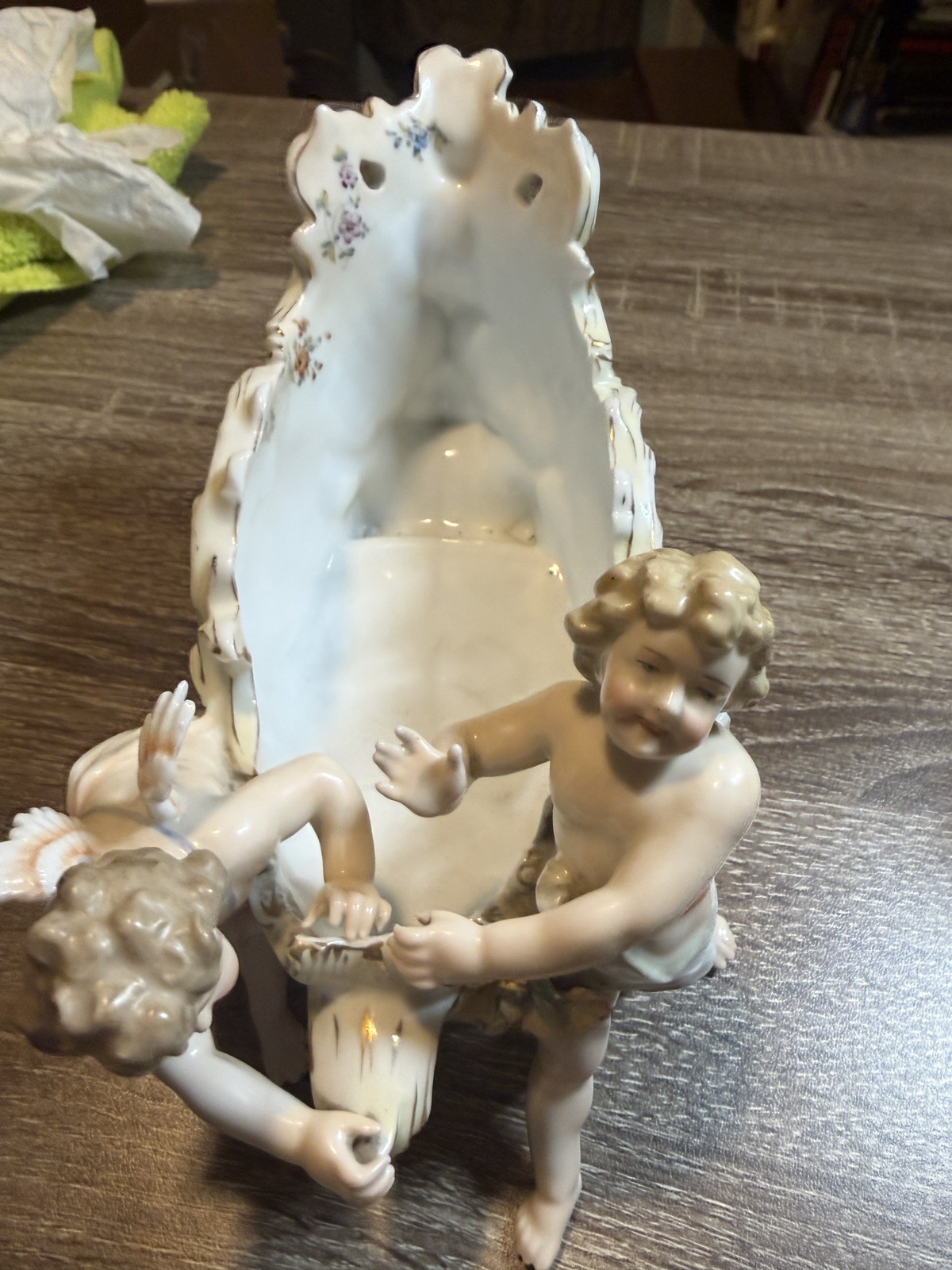 Antique Volkstedt Porcelain Cherub on Chariot Triebner Ens Eckert Rococo 1880s