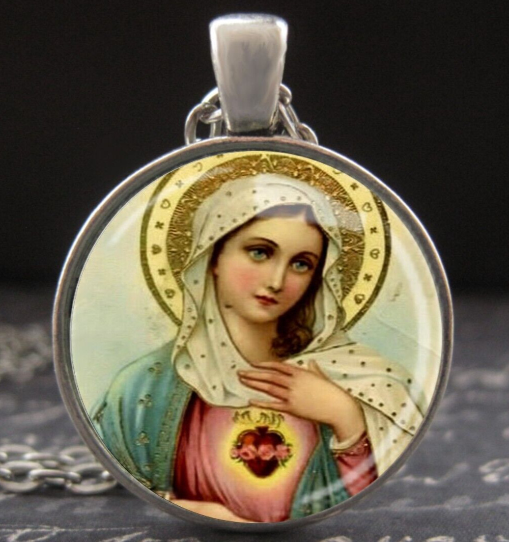 Vintage Madonna Immaculate Heart Mary Crown Figure Prayer Card Art Necklace New