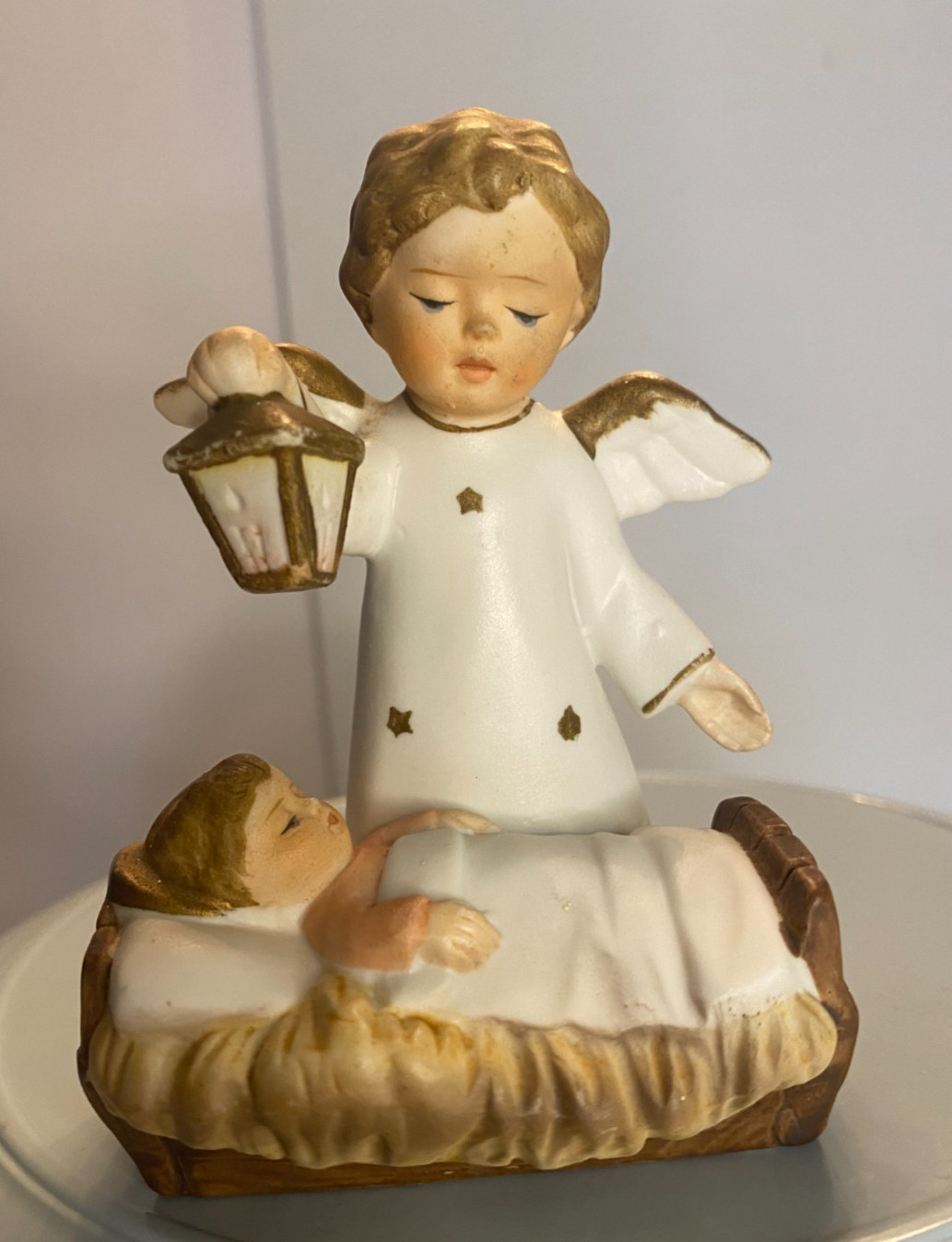 Vintage Sanmyro Angel With Lantern & Baby Jesus Figurine Japan #655 4″ porcelain