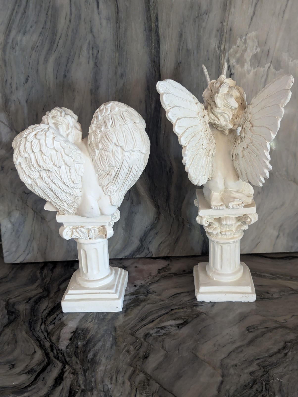 Cherub Angel Statue Pair Corinthian Column Pedestals Dove Wings 8″ 9″ Decor