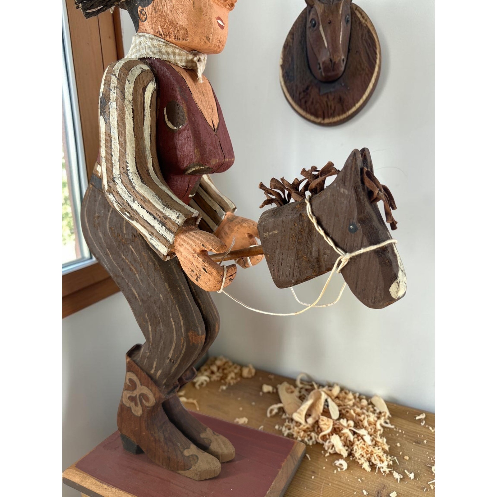 Hand Carved Cowgirl Folk Art Sculpture | One of a Kind Signed Wood Carving |